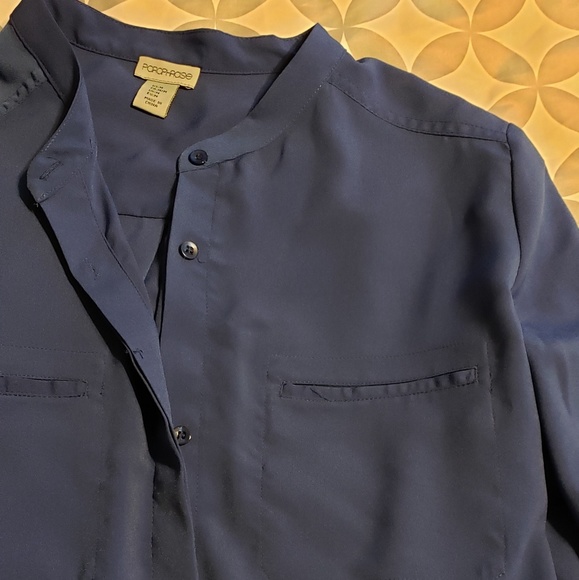 Blue collarless button up blouse - Picture 4 of 5